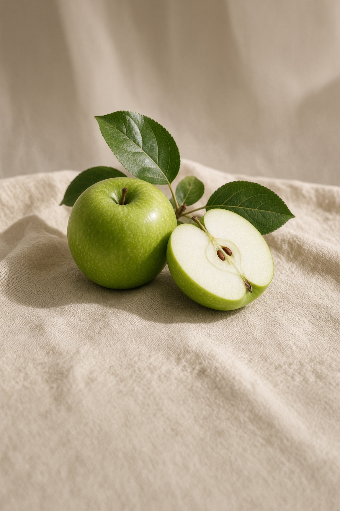 Green apples on linen