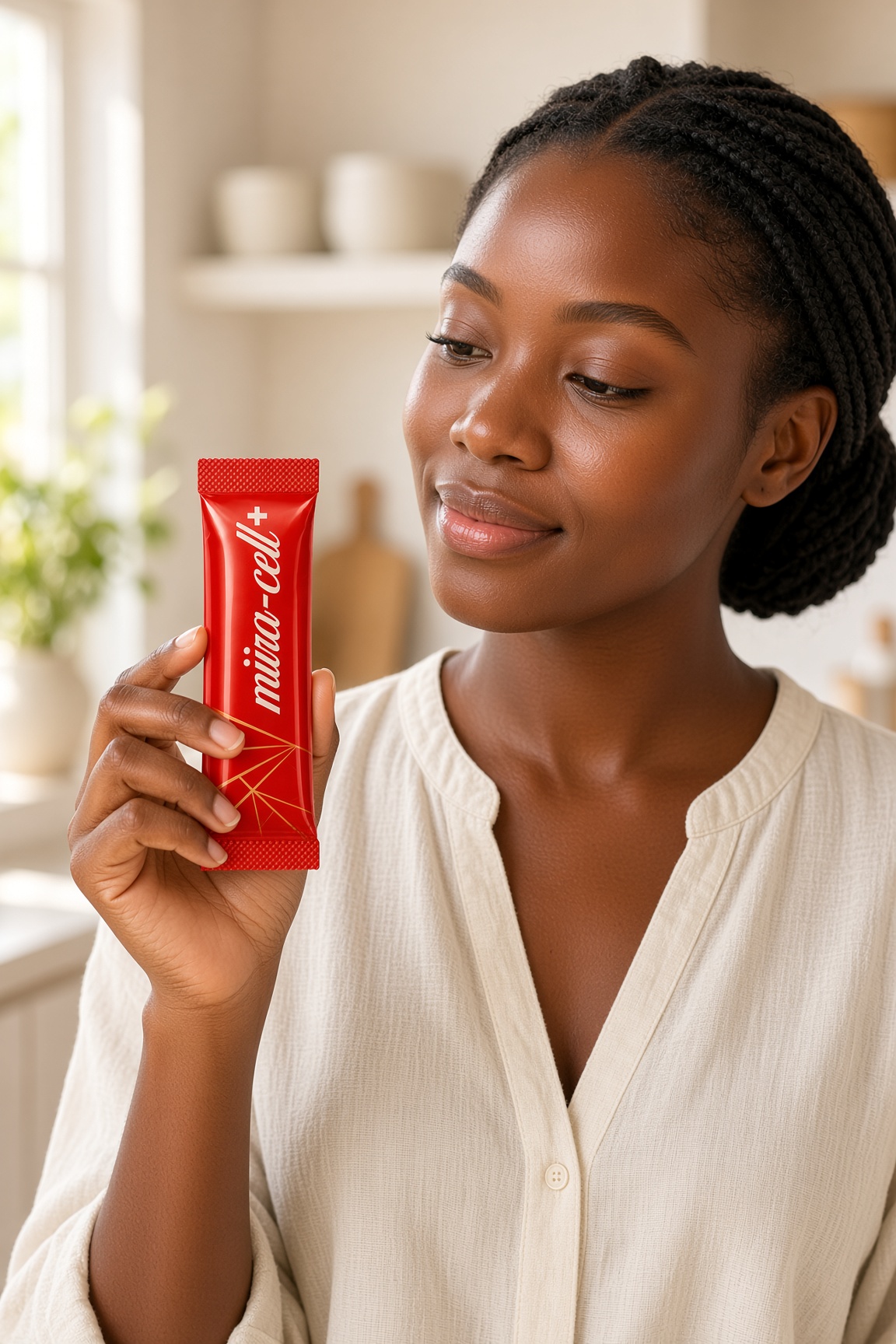 A woman in Accra holding a Miira-Cell+ sachet