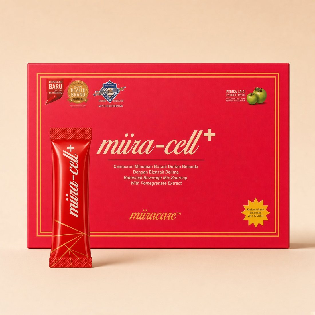 Miira-Cell+ red box with a red daily sachet in front