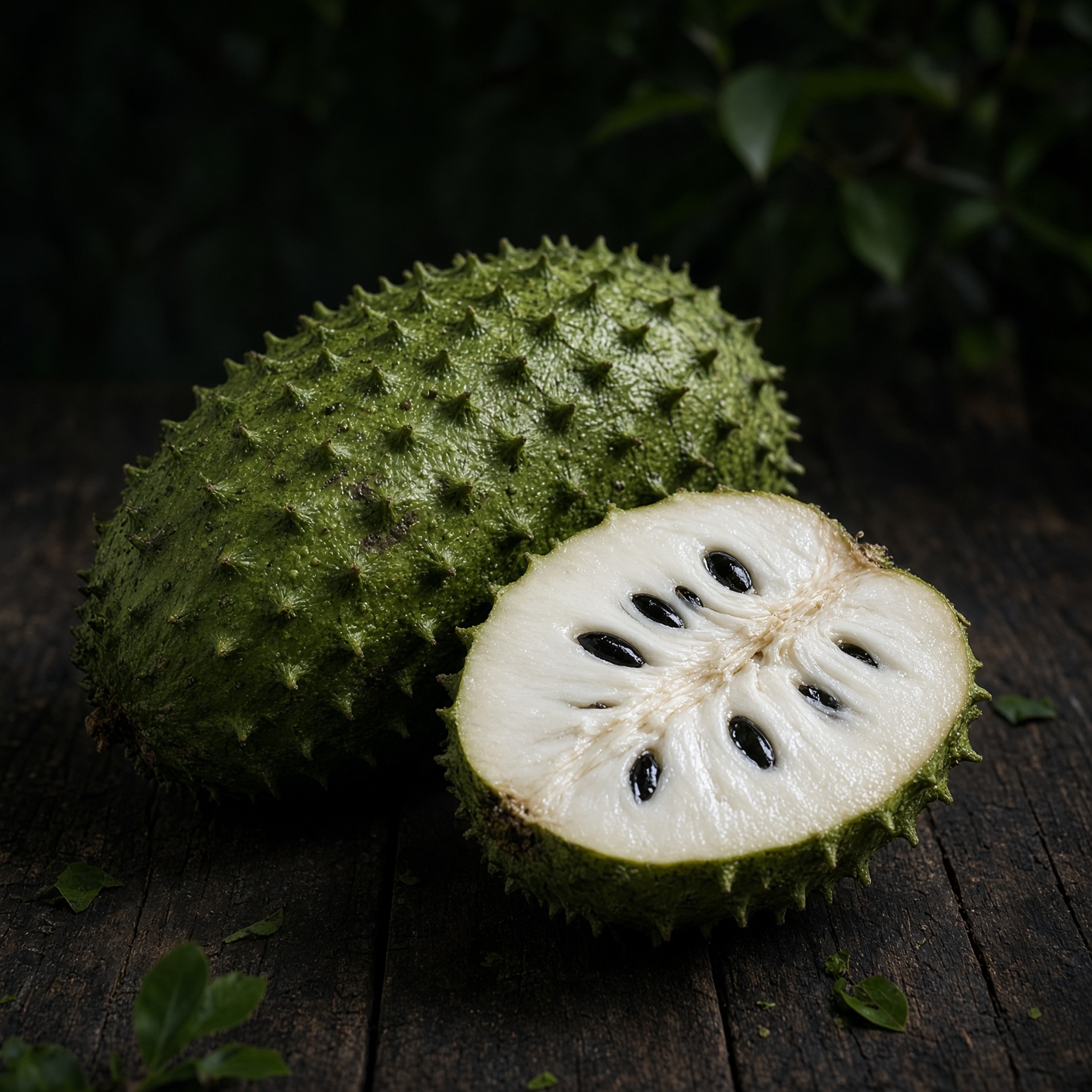 Halved soursop fruit on a wooden table